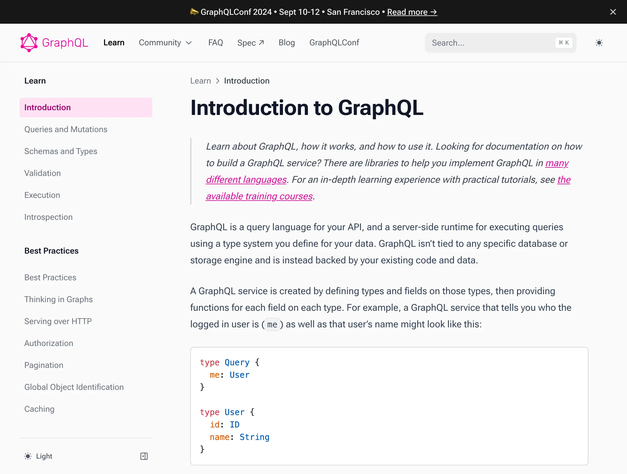 Screenshot of graphql.org v2 learn page